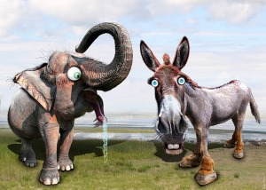 Democratic Donkey and Republican Elephant by DonkeyHotey via Flickr